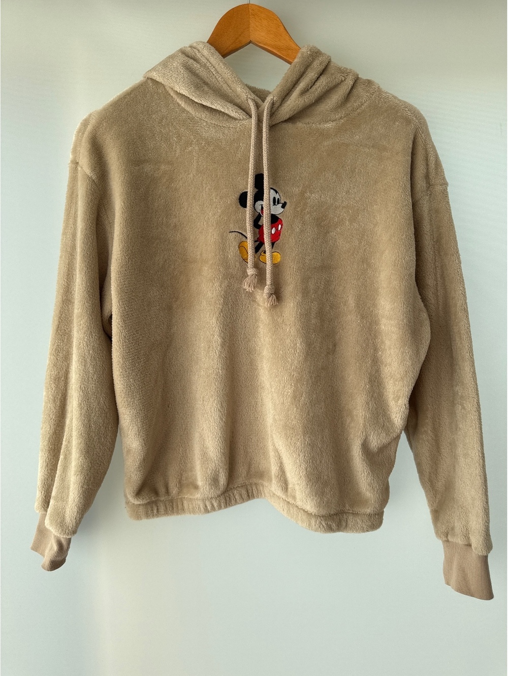 Disney Mickey Mouse Fuzzy Hoodie Womens S Beige Plush Sherpa Cozy Pullover